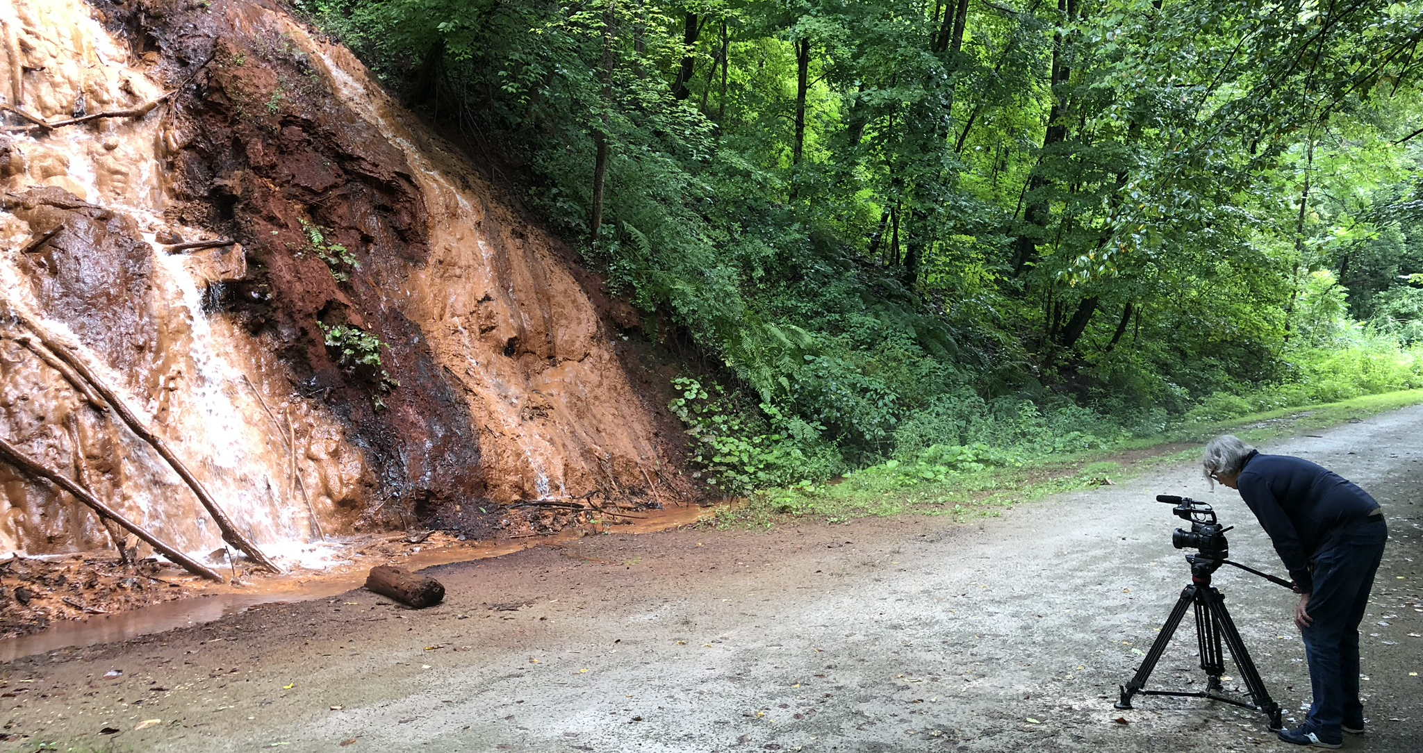 WQED films at the Red Waterfall near Buena Vista, PA along the Great Allegheny Passage. Photo Credit: David Solomon.